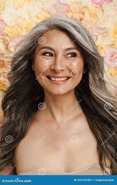 Smiling Mature Topless Woman Standing Posing Stock Image Image Of