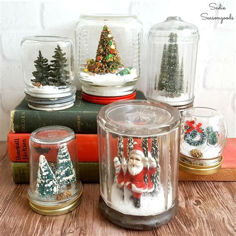 Christmas Snowglobes In Glass Jars With Vintage Christmas Decorations