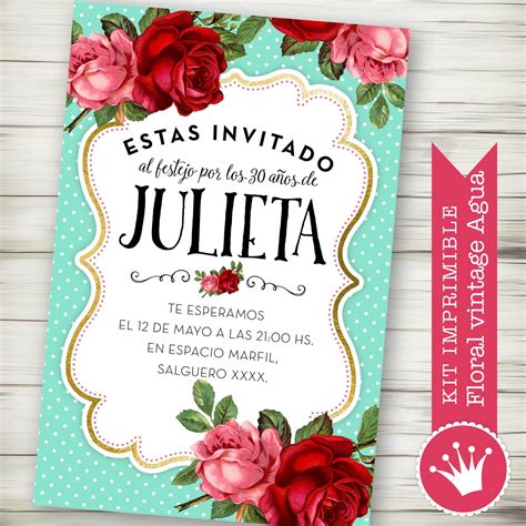 Kit Imprimible Personalizado Floral Vintage Aguamarina Tarjetas Invitacion Cumpleaños