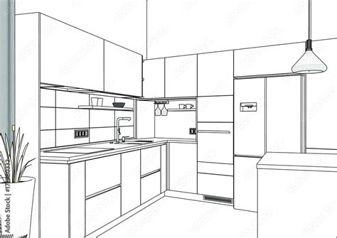3d Vector Sketch Modern Kitchen Design In Home Interior Kitchen