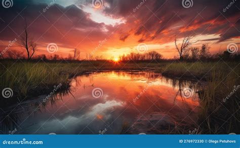 The Sun Is Setting Over The Water In The Marshy Area Stock Illustration
