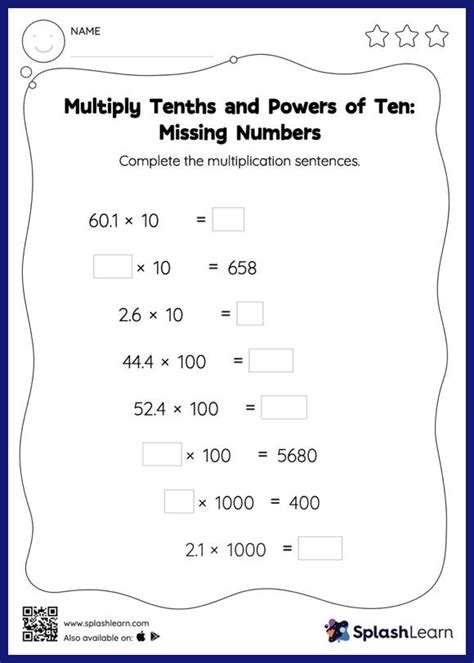 Multiply Tenths And Powers Of Ten Missing Numbers Math Worksheets