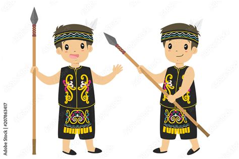 Indonesia Dayak Boy Wearing Dayak Traditional Clothes And Holding