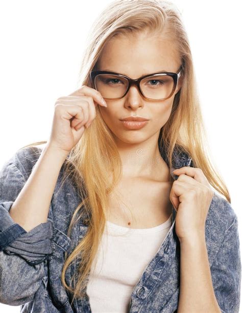 Young Pretty Girl Teenager In Glasses On White Isolated Blond Hair