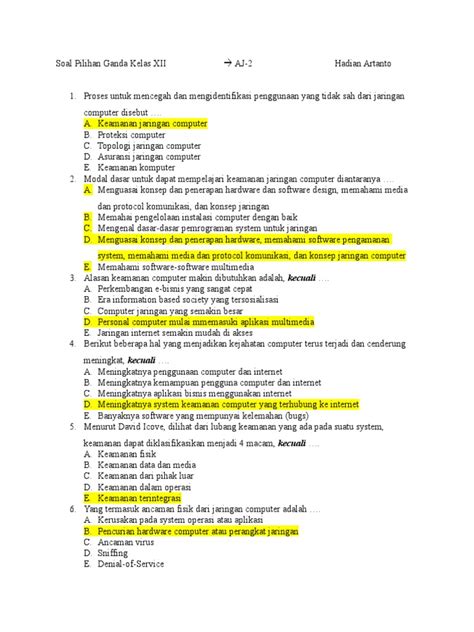 Soal pilihan ganda tentang olahraga sepak bola dan kunci jawaban. Soal Pilihan Ganda Kelas XII (AJ-2)