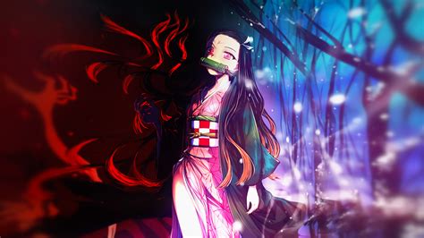 Demon Slayer Nezuko Kamado With Background Of Red Black And Blue