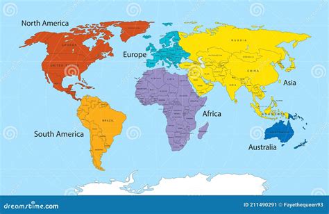 Weltkarte Aufgeteilt In Sechs Kontinente Der Unterschiedlichen Farbe