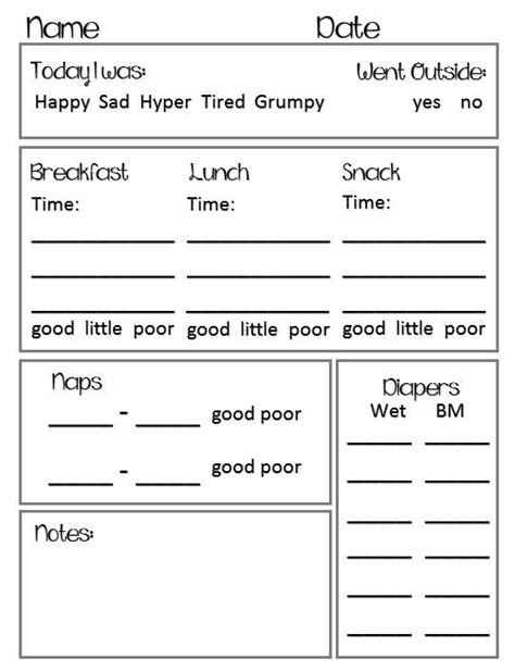 Preschool Toddler Daily Report Chart Preschool Daily Report Daycare
