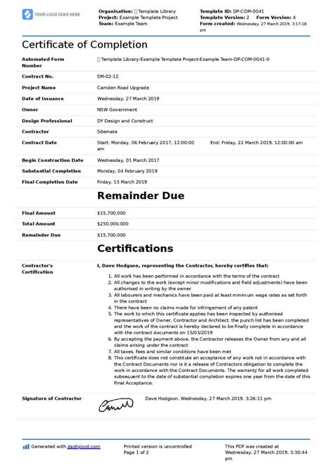 Practical Completion Certificate Template Uk