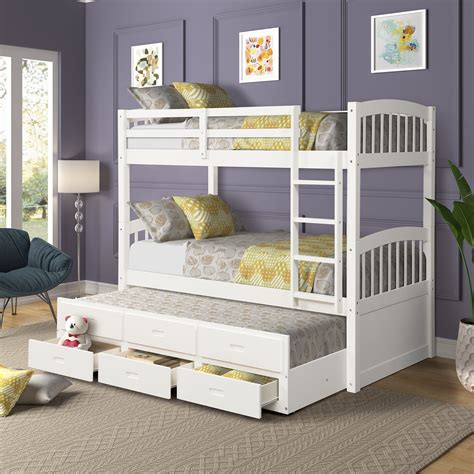 Segmart White Twin Over Twin Bunk Bed With 3 Under Bed Drawers And Twin