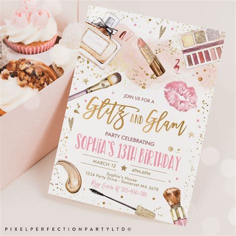 editable glitz and glam birthday party invitation spa makeup etsy