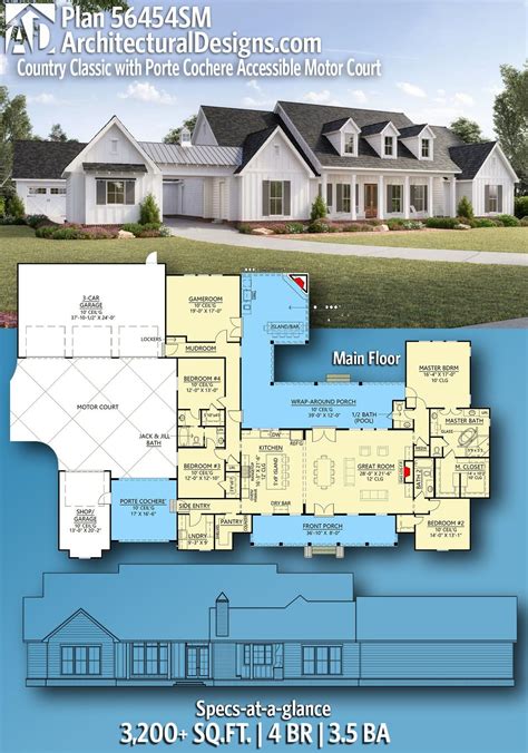 Plan 56454sm Country Classic With Porte Cochere Accessible Motor Court