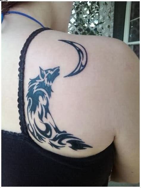 Tribal Wolf Tattoo With Moon On Back Shoulder Tattoo Ideas