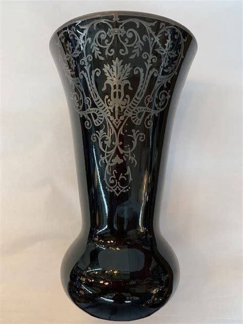Antique Black Glass Vase With Silver Overlay Design Etsy
