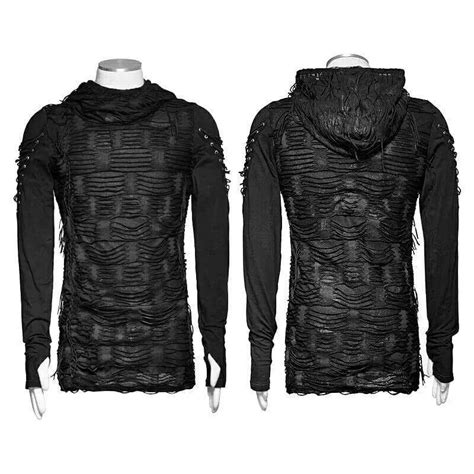Punk Rave Black Gothic Hole Hooded Mens Long Sleeve Top Rave Outfits