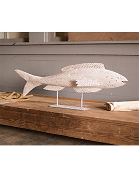 Antique White Metal Fish On Stand Coastal Decor Squan Trading Company