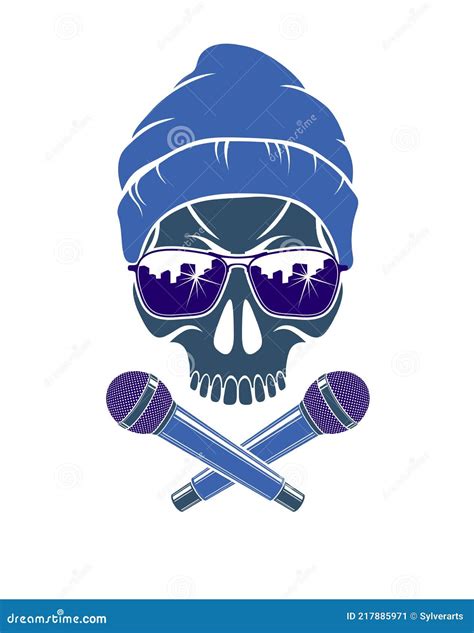 Rap Music Vector Logo Or Emblem With Aggressive Skull And Two