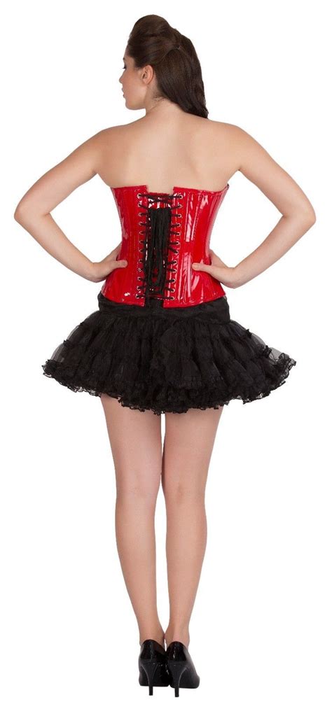 Red Pvc Leather Gothic Steampunk Basque Black Tutu Skirt Overbust Corset Dress Corsets And Bustiers