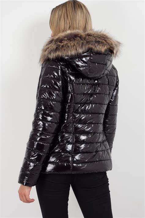 Black Shiny Puffer Coat With Faux Fur Hood Aw2019 Uk