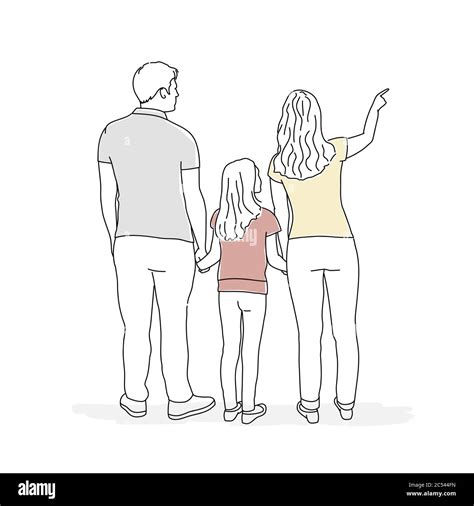 Sketch Of Daughter Father And Mother Pointing At Empty Space Hand