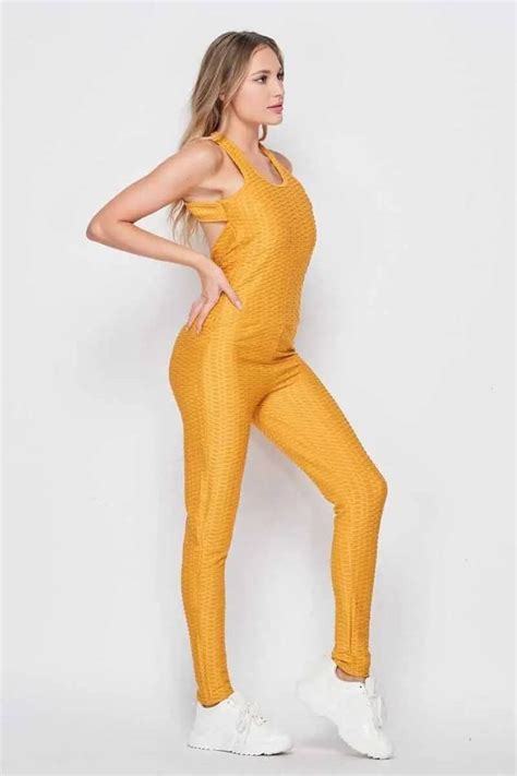 Activewear Solid Color Scrunched Butt Lift Honeycomb Tiktok Jumpsuit