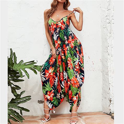 wholesale summer jumpsuits women rayon floral print jumpsuit bohemian spaghetti strap sleeveless