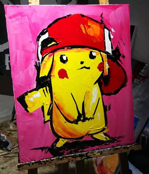 A Painting Of A Pikachu Wearing A Red Hat