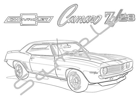 For coloring book enthusiasts and muscle car fans. 1969 CHEVY CAMARO Z28 Adult Coloring Page Printable Coloring
