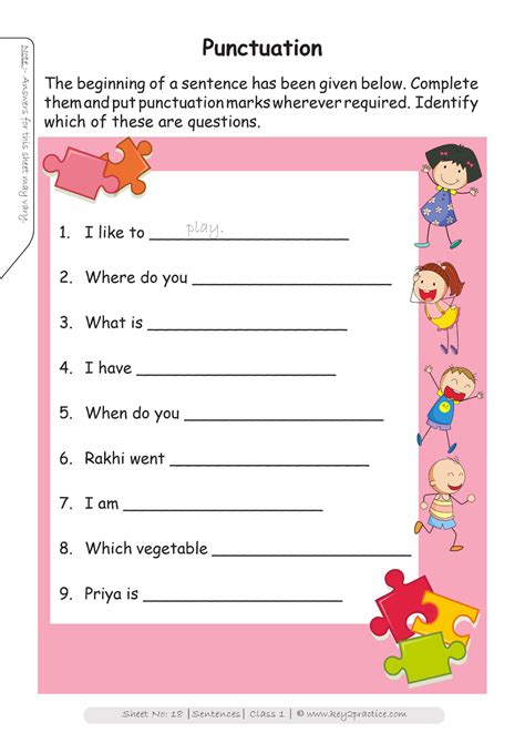 Each unit contains a cryptogram, spelling, vocabulary quiz, word chop, word scramble, word list, and word search worksheet. English Worksheets Grade 1 Workbook on Sentences - key2practice