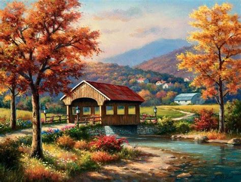 Rural Autumn Artwork With Covered Bridge Bridge Painting Covered
