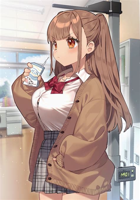 Anime Anime Girls Pouting Brown Eyes Blush Blushing Brunette Long Hair Blunt Bangs Skirt Milk