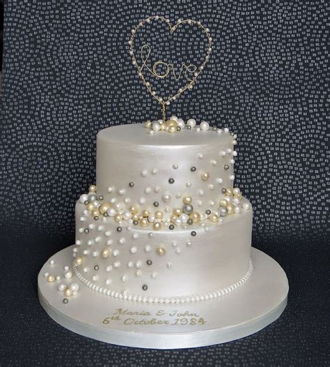 Pearl Anniversary Cake With Handmade Gold And Pearl Love Heart Cake