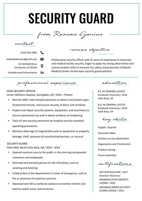 A security guard resume objective is a section in your resume that states your career goals for the role you're applying to. Security Guard Resume Sample & Writing Tips | Resume Genius