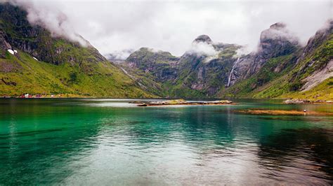 Nordland Norway Lofoten Fjord Mountains Clouds Wallpaper