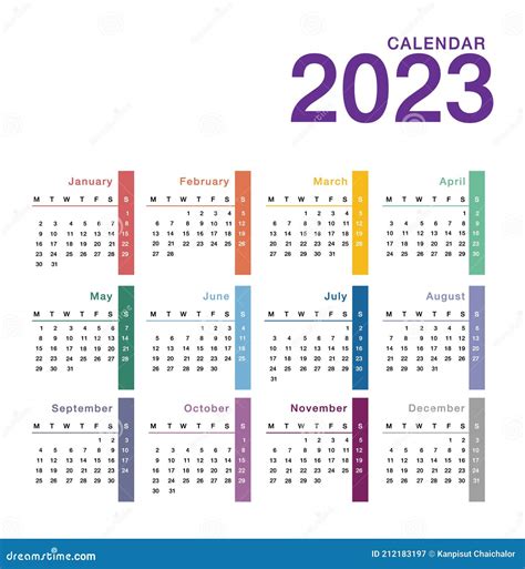 Colorful Year 2023 Calendar Horizontal Vector Design Template Simple