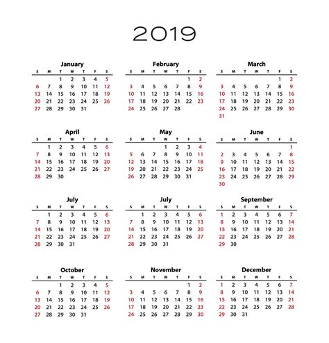 Yearly Calendar 2019 Printable Calendar