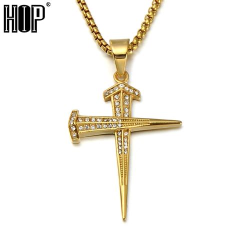 Mens Hip Hop Jewelry Bling Iced Out Titanium Nail Cross Pendants Necklace With Inch Gold Color