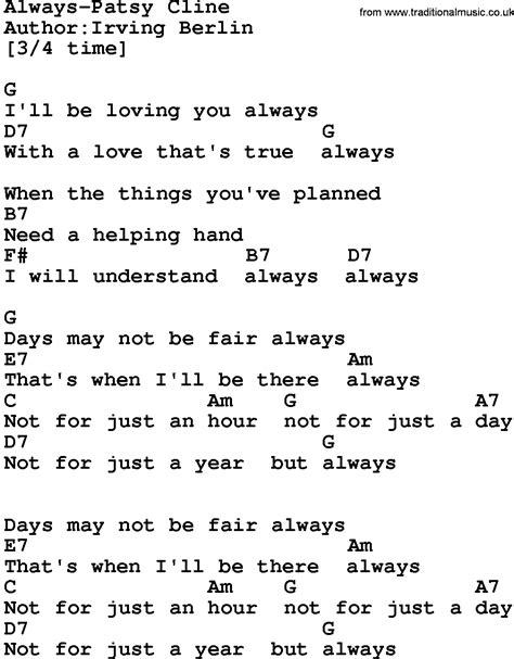 Country Music Song Always Patsy Cline Lyrics And Chords Patsy Cline