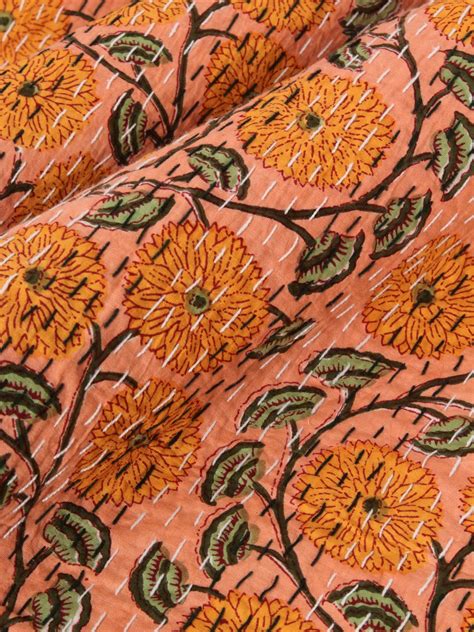 Rajasthan Decor Block Print Orange Colour Cotton Jaipuri Kantha Double