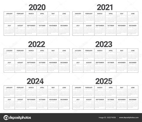 Year 2020 2021 2022 2023 2024 2025 Calendar Vector Design Templa Stock