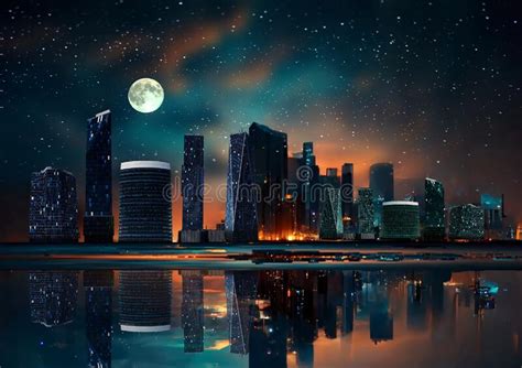 Starry Sky And Moon Night City Modern Buildings On Horizon Blurred
