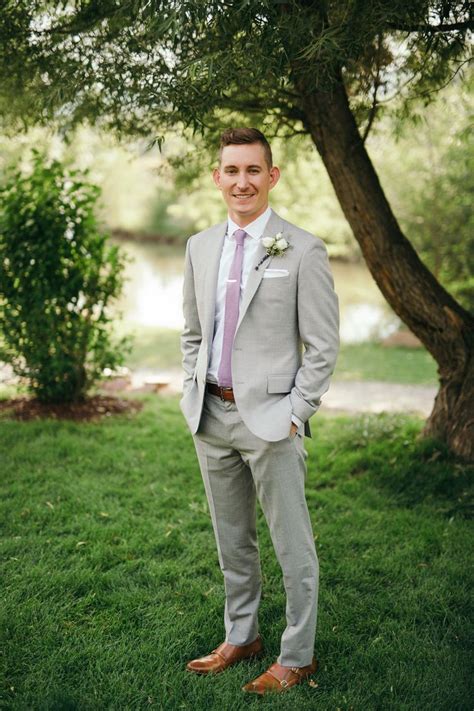Stylish Gray Suit And Lavender Tie Wedding Outfit