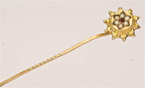 antique victorian 9ct gold ruby and split pearl stickpin antique price guide details page