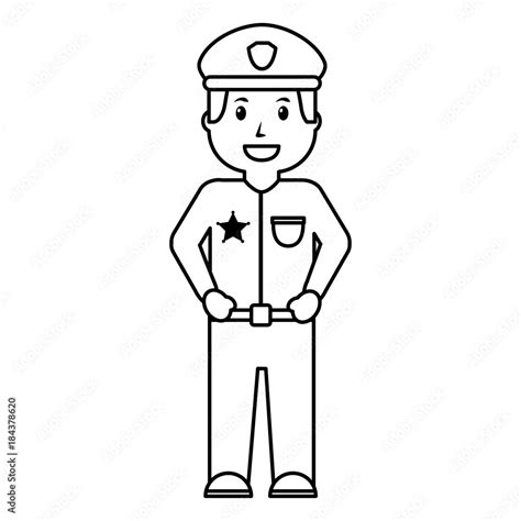 Portrait Policeman Smiling Uniform And Cap Vector Illustration Outline