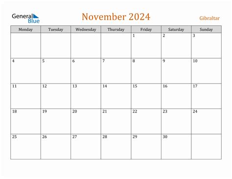 Free November 2024 Gibraltar Calendar