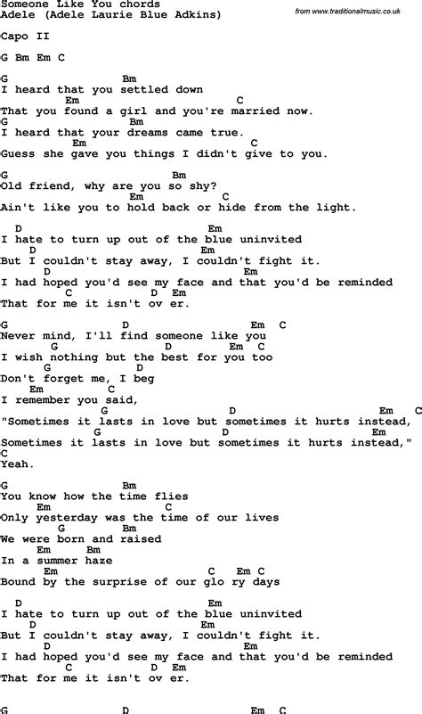 Song Lyrics With Guitar Chords For Someone Like You