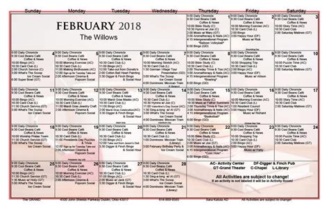 February 2018 Assisted Living Activity Calendar The Grand Of Dublin