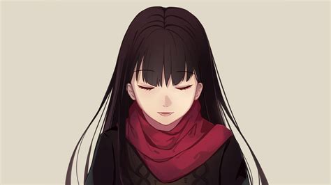 Download 1920x1080 Anime Girl Closed Eyes Long Hair Red Scarf