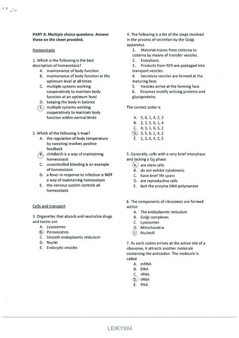 Physiology Multiple Choice Questions With Answers Part A Multiple