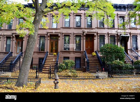 Brownstones Park Slope Brooklyn With Fall Leaves And Trees New York